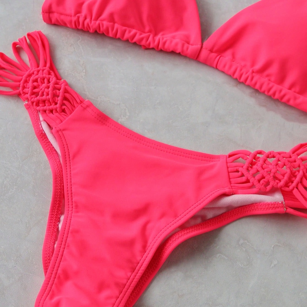 Neon Red Pink Macrame Triangle Bikini Set - Picture 7 of 7